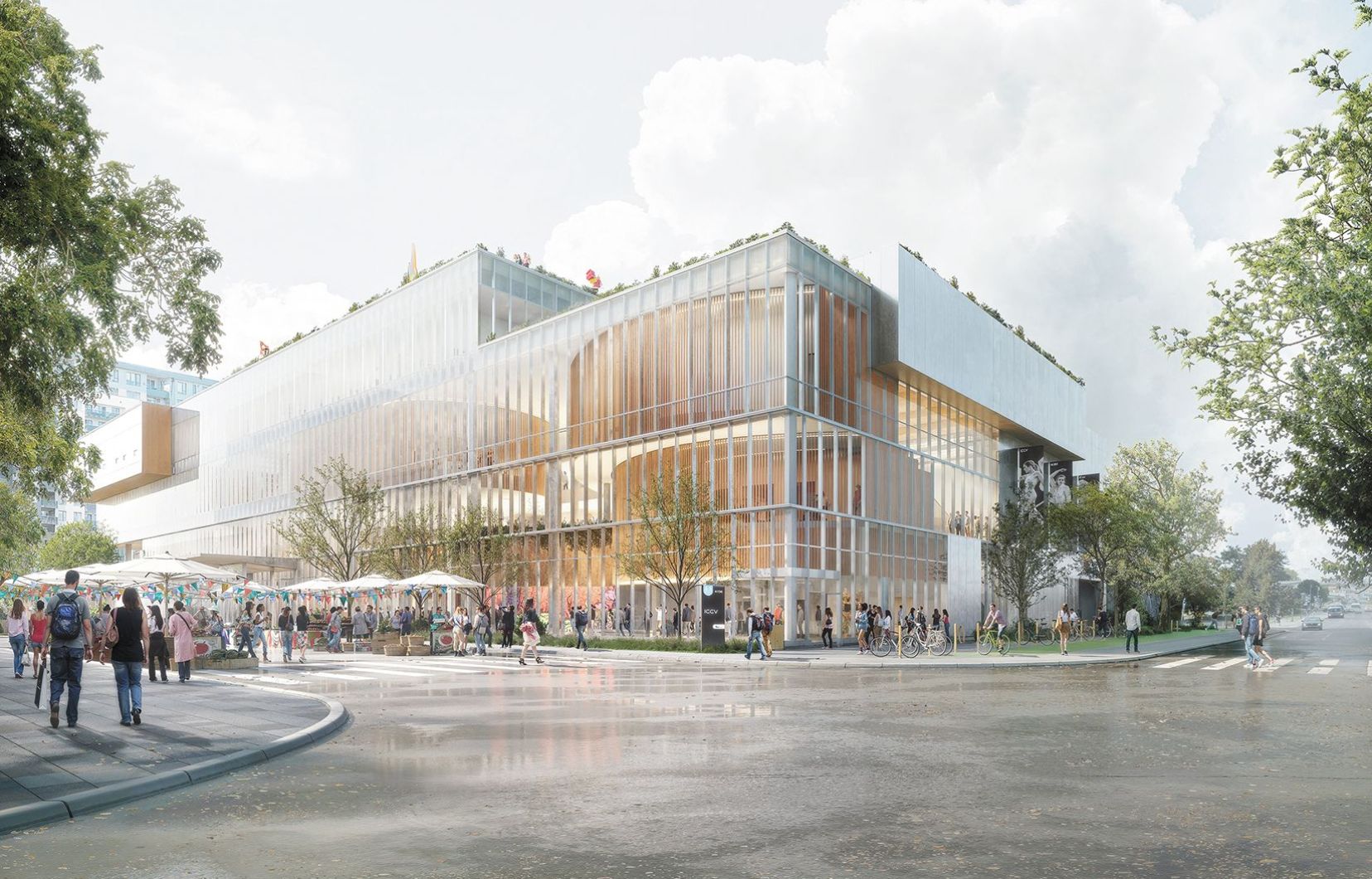 L’inauguration du complexe culturel au centre-ville de Laval, dont on voit ici une modélisation au coin de la rue Jacques-Tétreault et du boulevard de l’Avenir, est prévue en 2027.